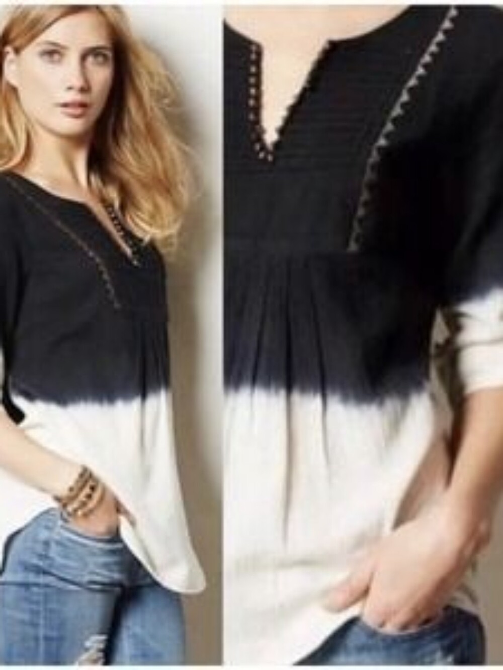 Floreat Anthropologie Dip-Dyed Beaded Embroidered Tunic Blouse Size 4